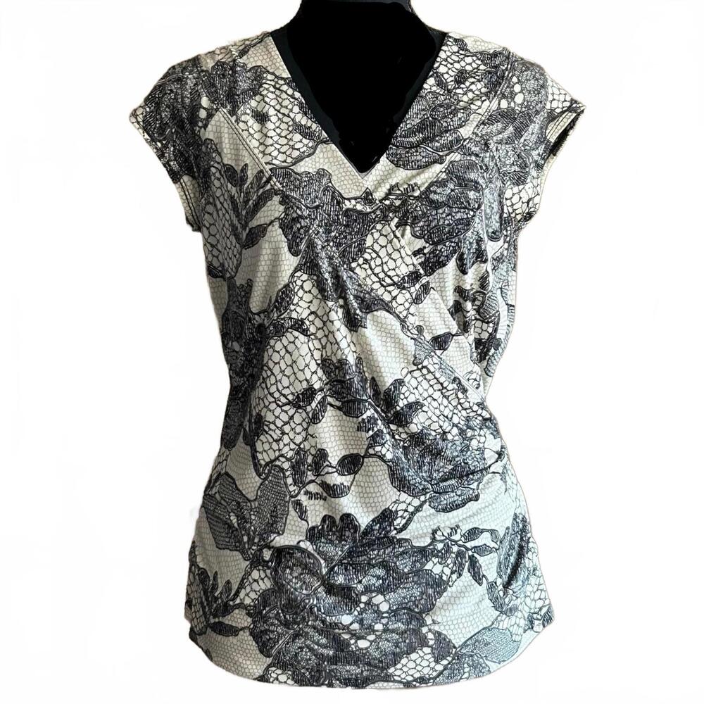 Vintage Vol.1 Wrap Top Sz PL Beige Black Lace Print Cap Sleeve Office